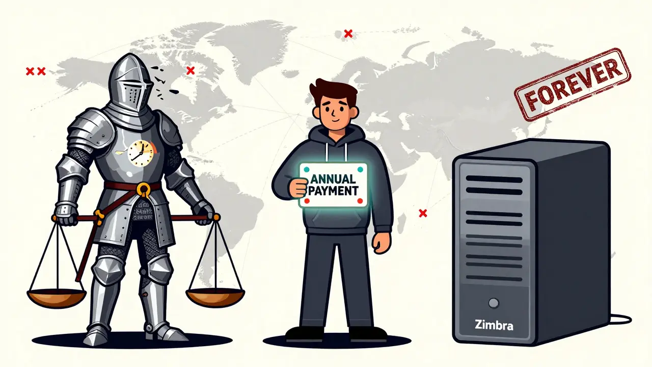Three figures representing legacy Exchange, subscription model, and Zimbra alternative, set against a map of global enterprise networks with red Xs.