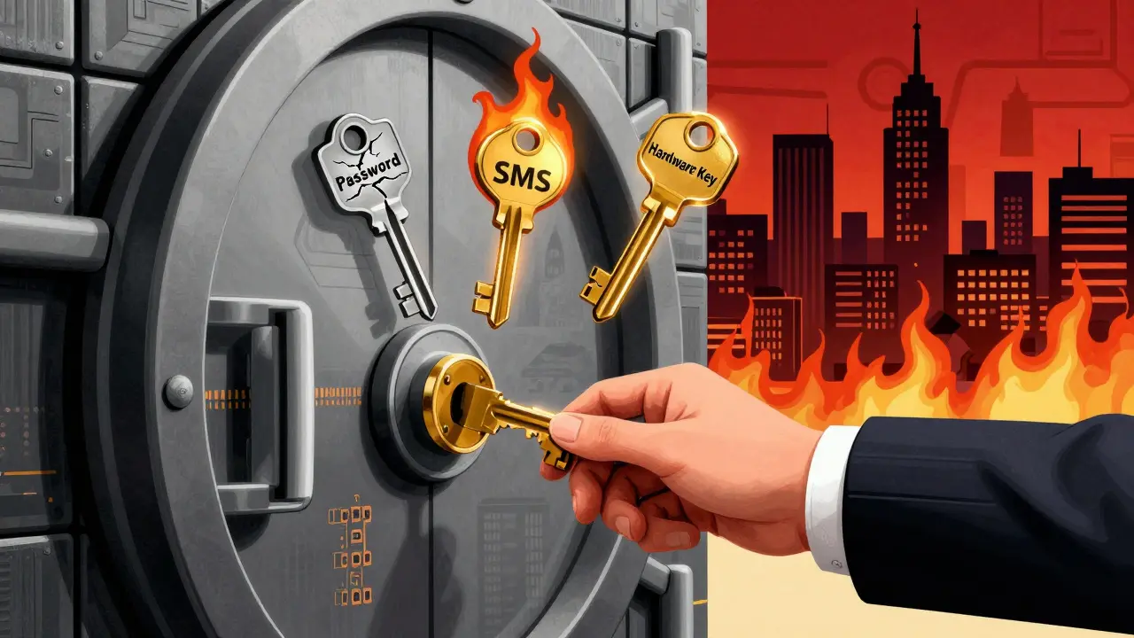 Three keys hover before a blockchain vault — only the hardware key unlocks it.