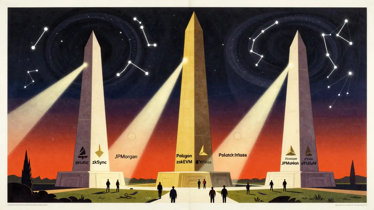 Three towering ZK-rollup monoliths emitting proof beams into a cosmic sky, with tiny figures representing major platforms walking between them.