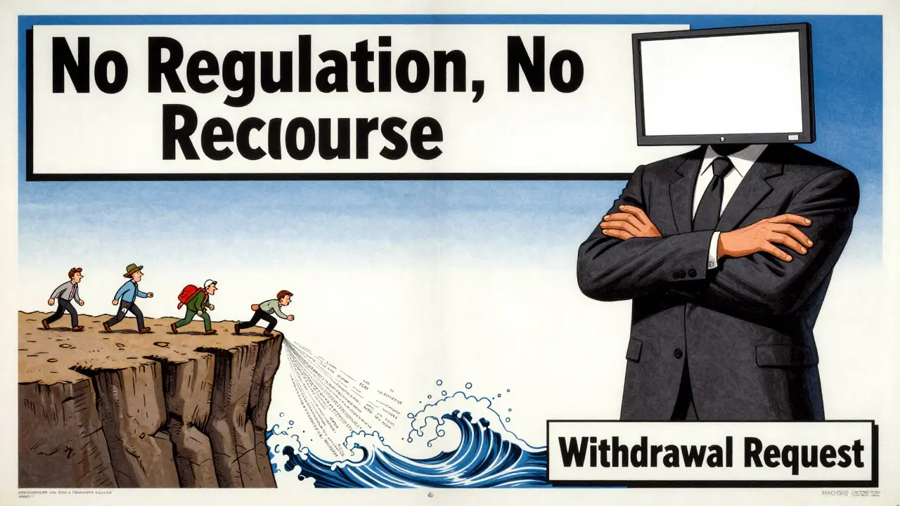 Tiny figures climb a withdrawal cliff only to be swept away by fine print, while a faceless support figure stands indifferent.