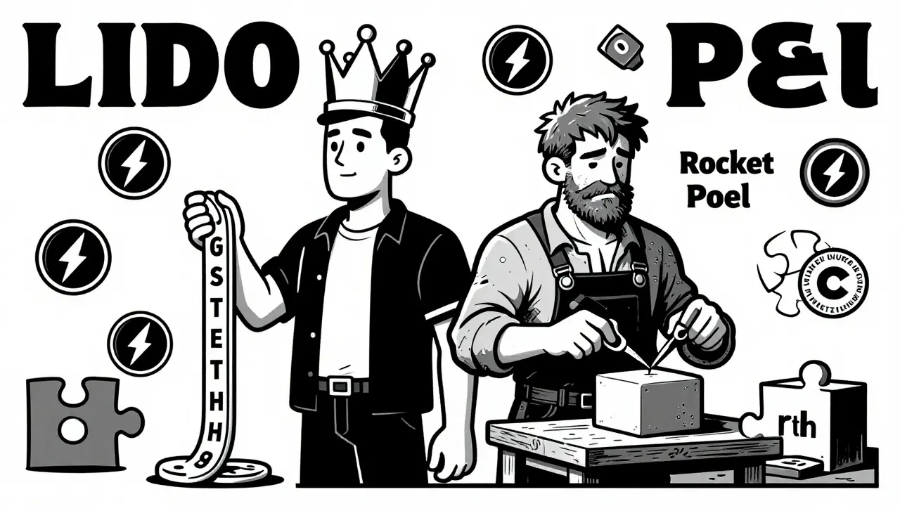 Two symbolic figures representing Lido and Rocket Pool, one holding a flowing chain, the other crafting a solid block, with DeFi applications forming around them.