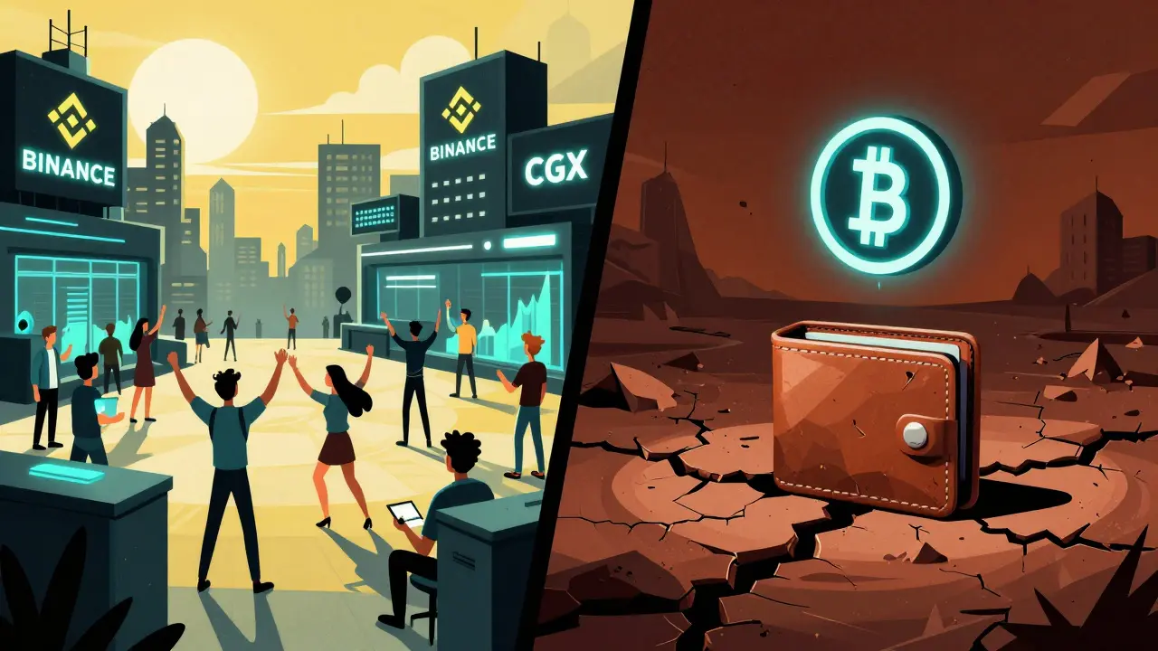 Vibrant crypto hub contrasts with desolate wasteland of abandoned CGX and CGS tokens, rendered in stark Polish poster art style.