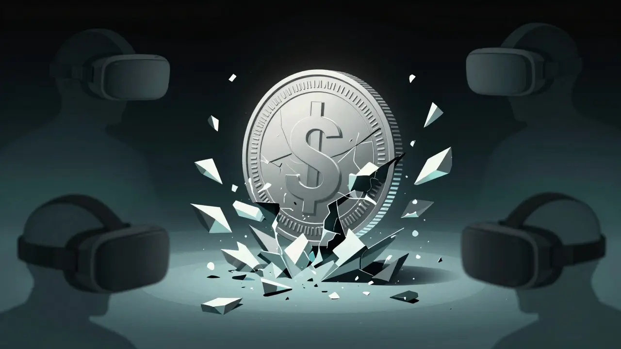 A cracking crystalline digital coin dissolving into shards against a dark void.