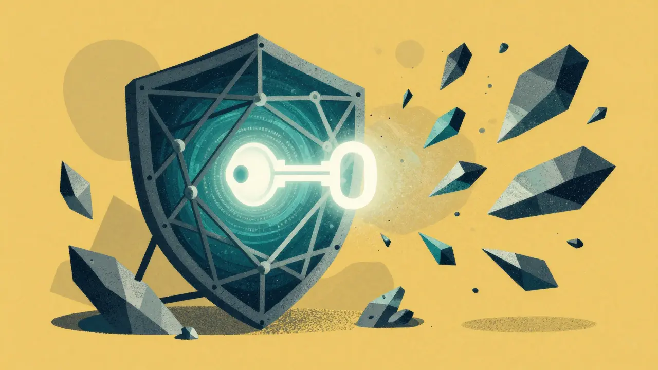 A geometric lattice shield protecting a digital key from chaotic shards in a minimalist artistic style.