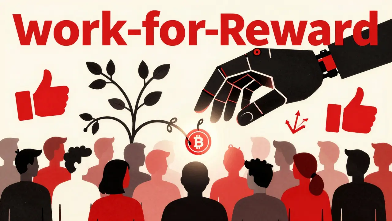 A geometric mechanical hand distributing glowing tokens to a crowd in a red and cream graphic style.