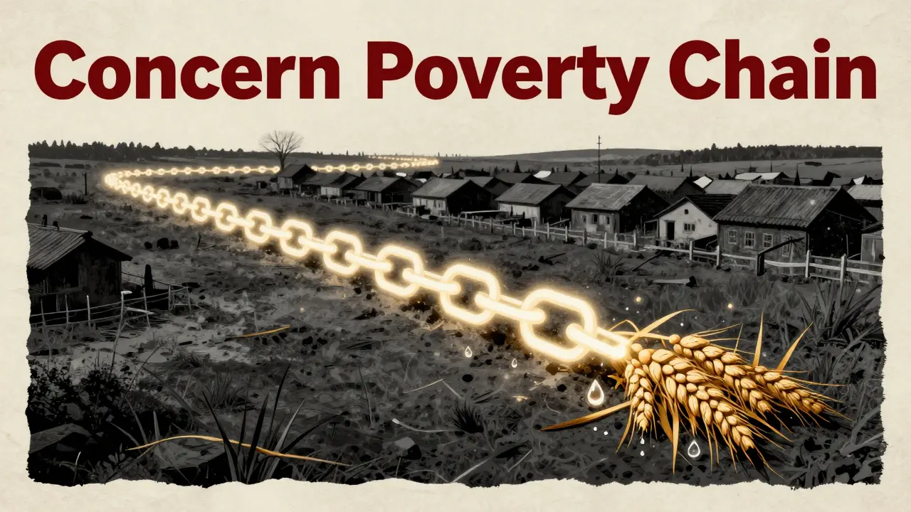 A glowing digital chain bringing life to a desolate village in a symbolic artistic style.