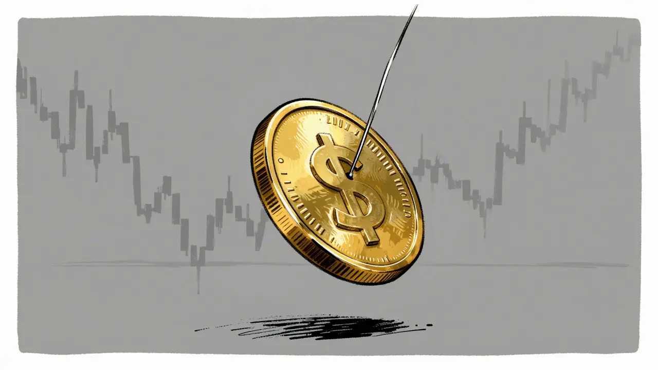 A gold coin hanging by a fraying thread against a grey void in a satirical poster style.