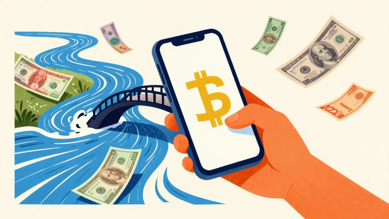 A hand holding a phone with a crypto symbol acting as a bridge over a river of paper money.