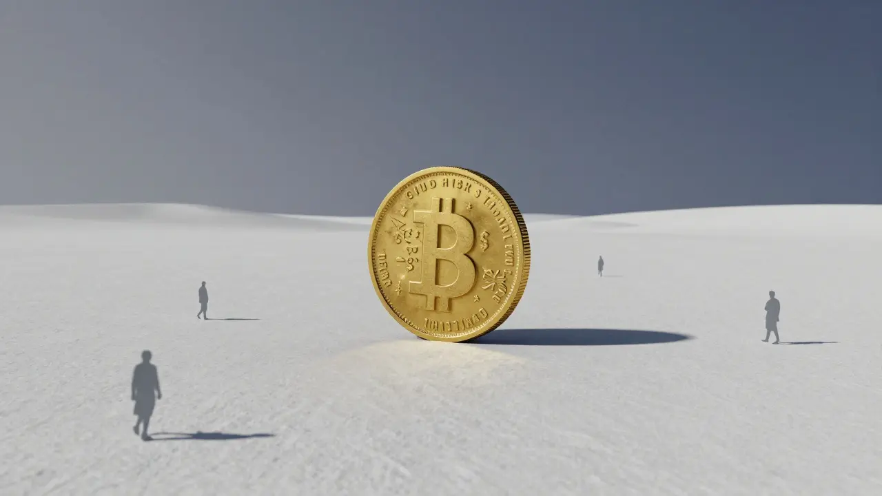 A lonely gold coin in a vast, empty grey desert