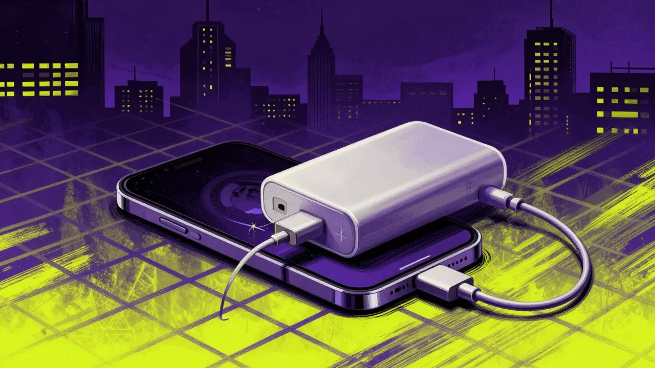 A smartphone and power bank connected by a fraying wire against a dark, flickering city.