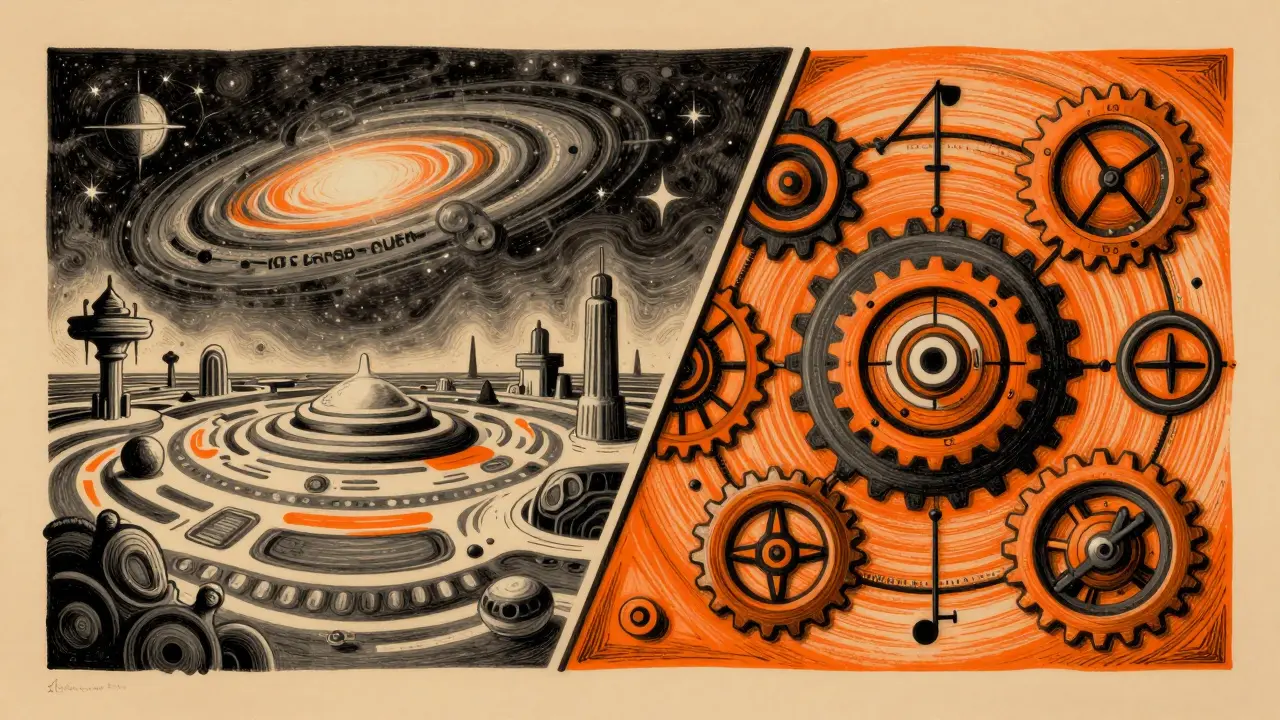 A split illustration contrasting a VR metaverse landscape with a DeFi protocol network.