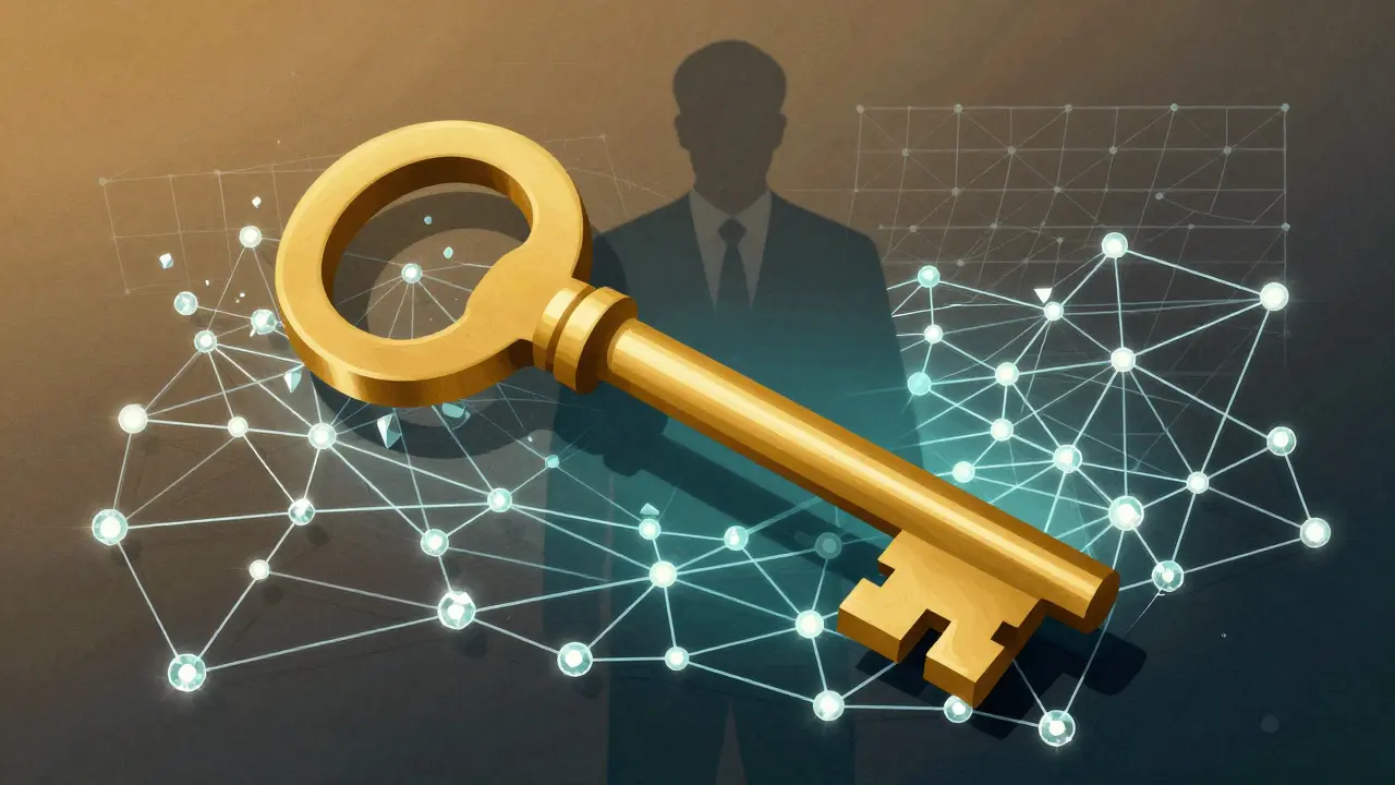 Abstract art showing a golden key transforming into a decentralized network of nodes.