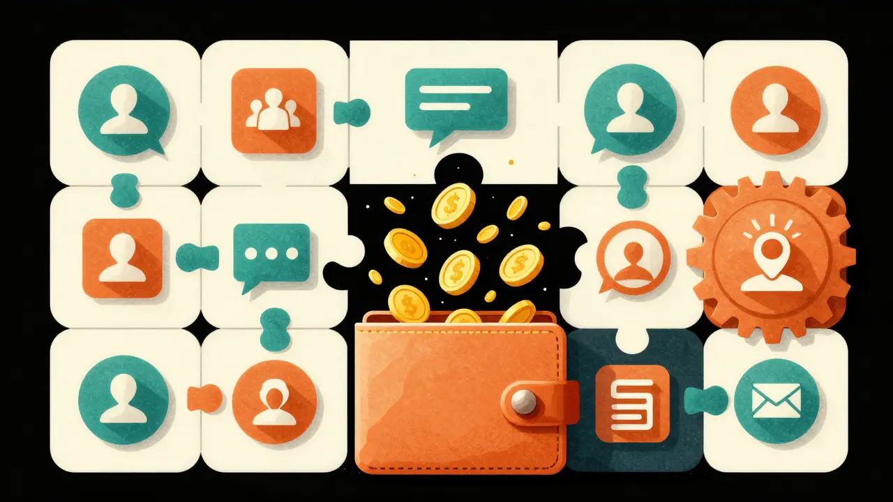 Abstract art showing social media symbols and golden tokens falling into a digital wallet