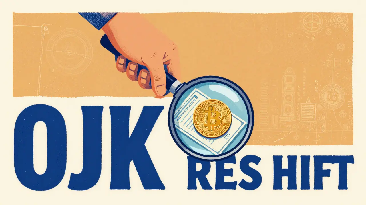 Abstract artwork of the OJK authority overseeing digital assets through a magnifying glass