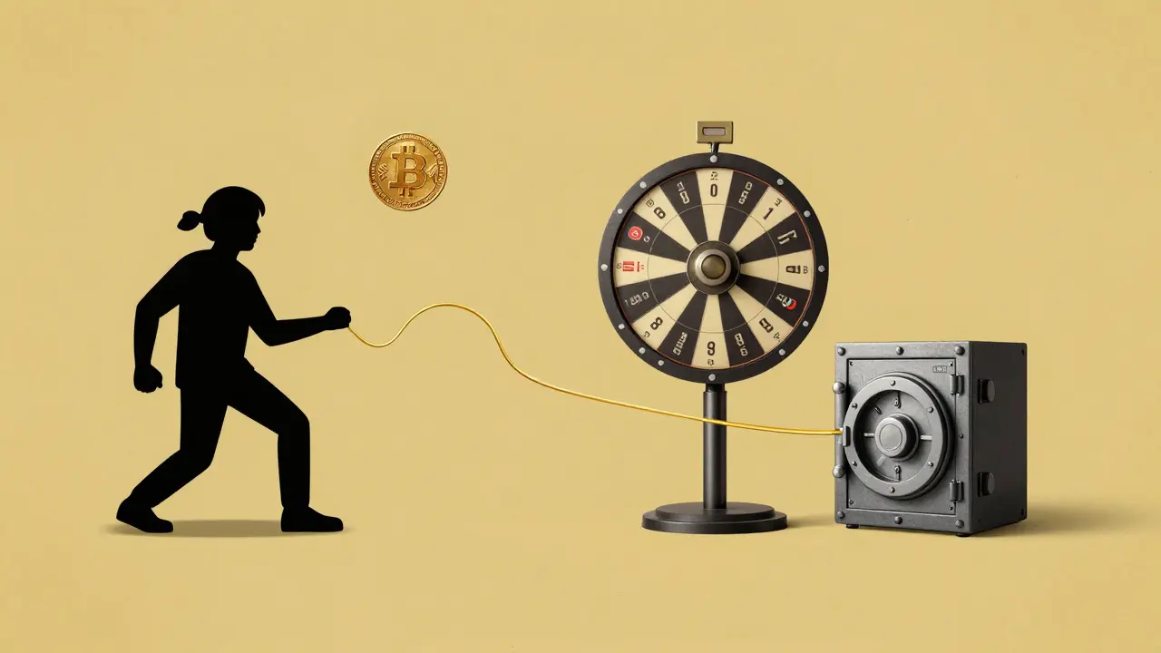 Abstract collage of gaming and finance symbols connected by a golden line in a vintage poster style.