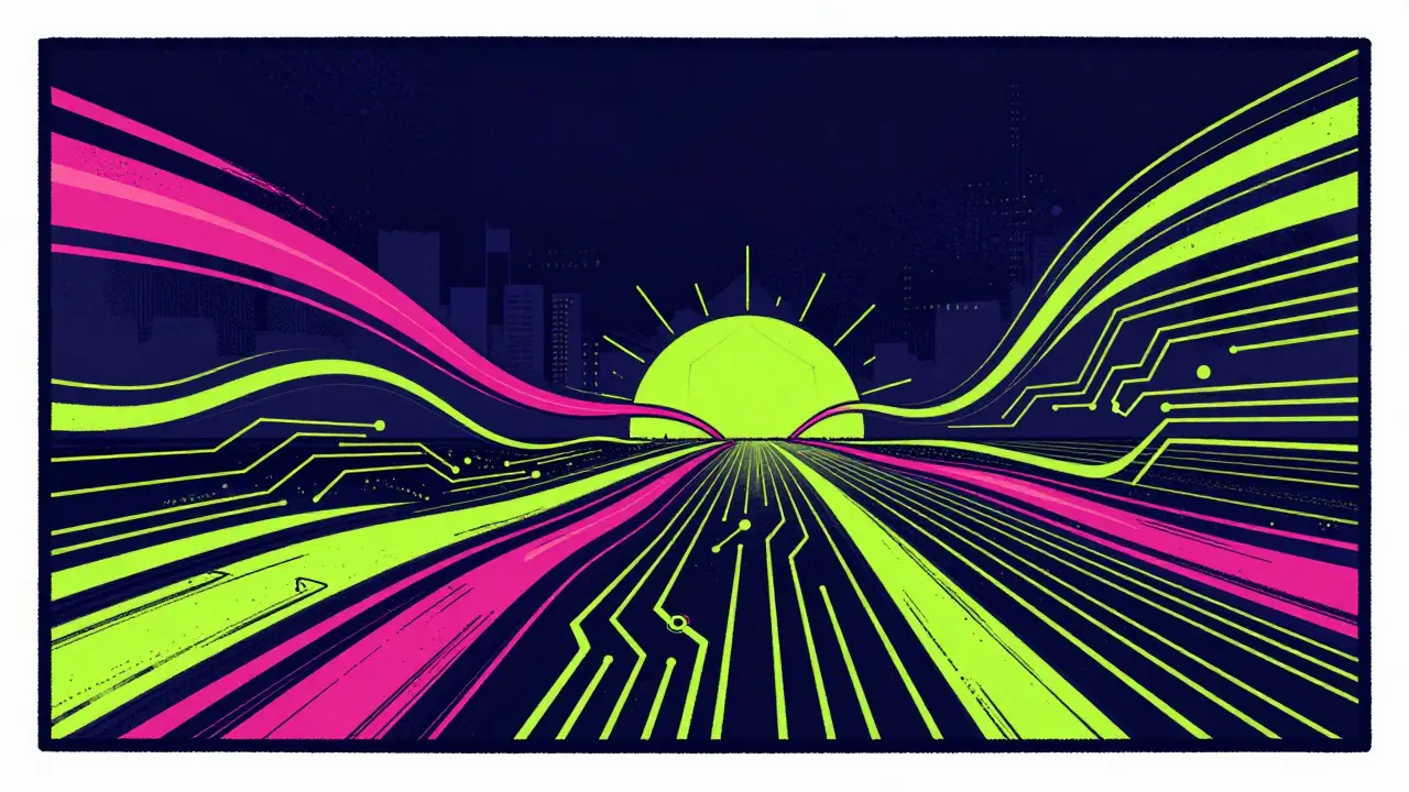 Abstract energy waves and circuits forming a technical horizon.