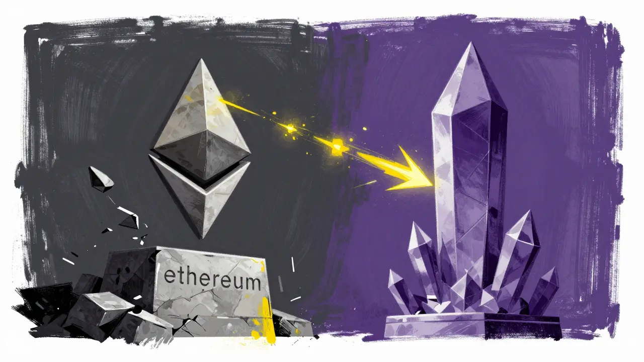 Abstract representation of tokens migrating from a stone monolith to a purple crystal spire.