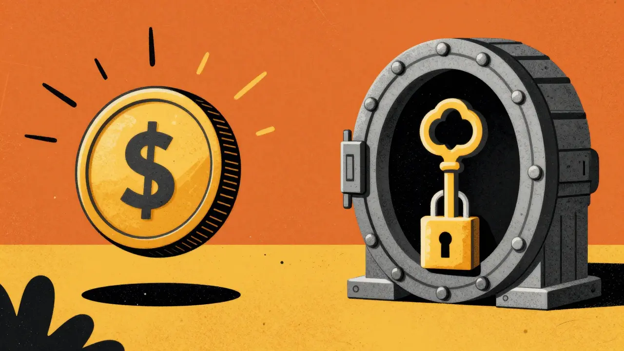 Abstract symbols of utility and governance tokens with a locking mechanism in a bold illustration.