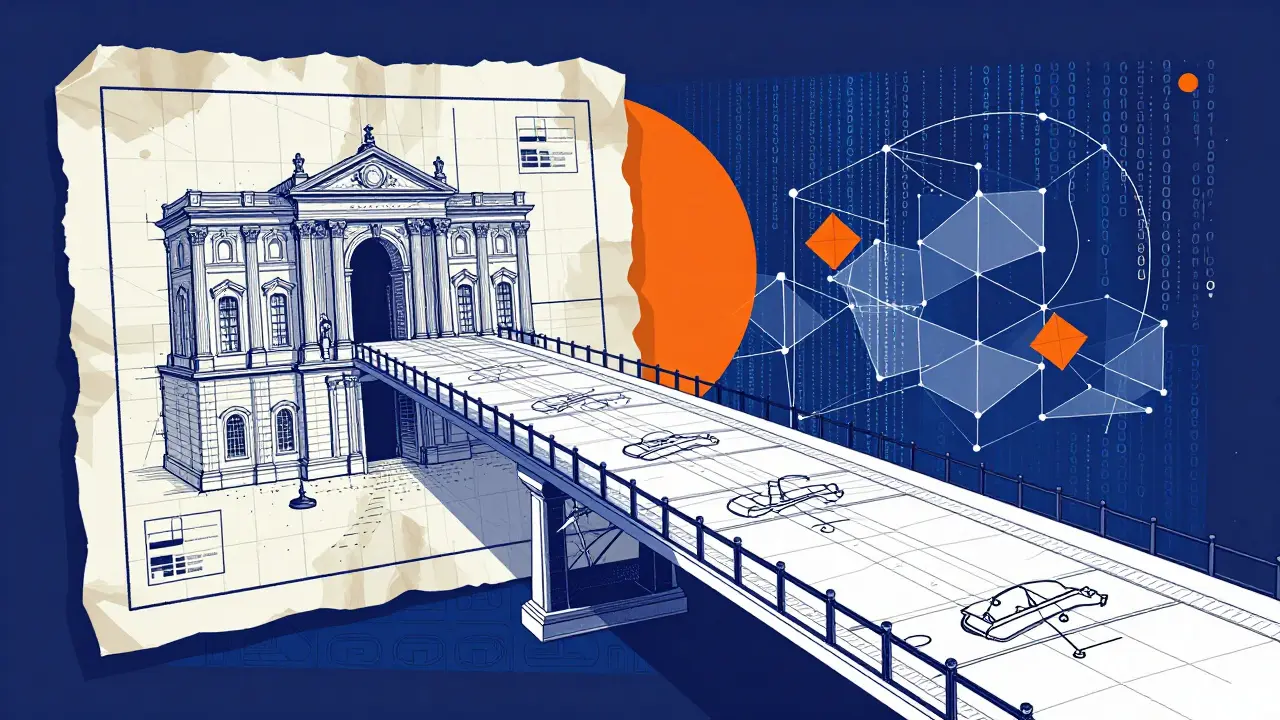 An artistic transition from an old blockchain blueprint to a modern quantum-safe design.