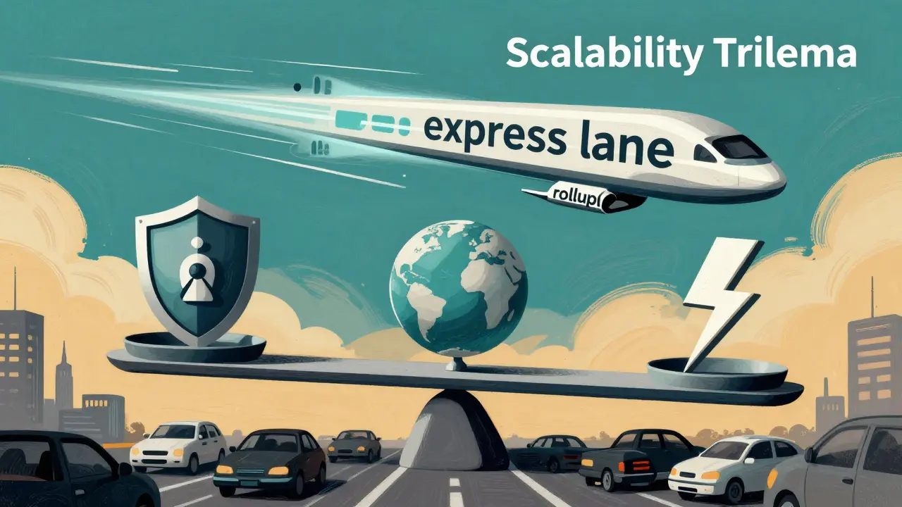 Conceptual art of a balance scale weighing security, decentralization, and speed with a fast light ribbon above.