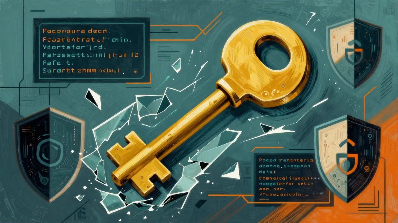 Conceptual art of a golden key made of breaking glass symbolizing blockchain security risks.