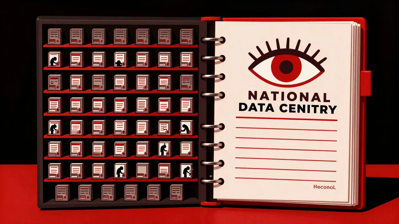 Conceptual art of an oversized ledger documenting computer servers in a bureaucratic style.