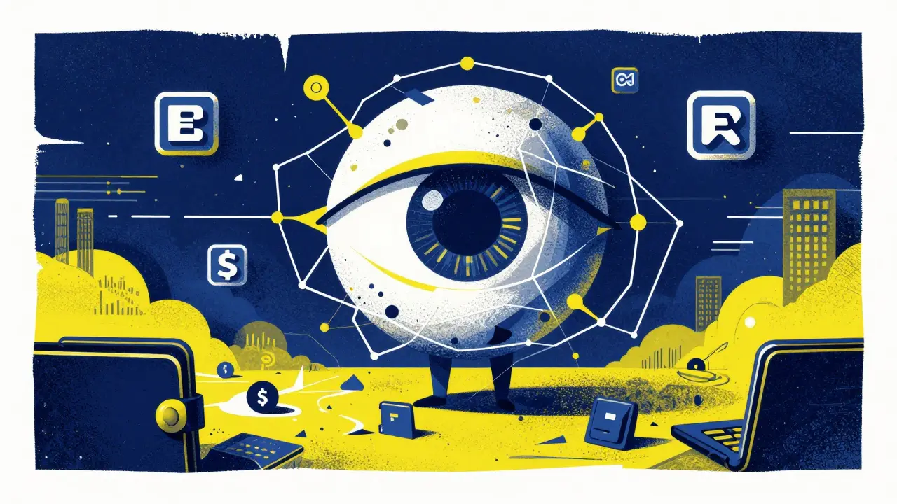 Conceptual art of the AURA AI agent scanning a blockchain network.