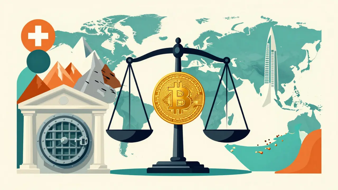 Conceptual art showing a balance scale with a Bitcoin and symbols of global financial hubs.