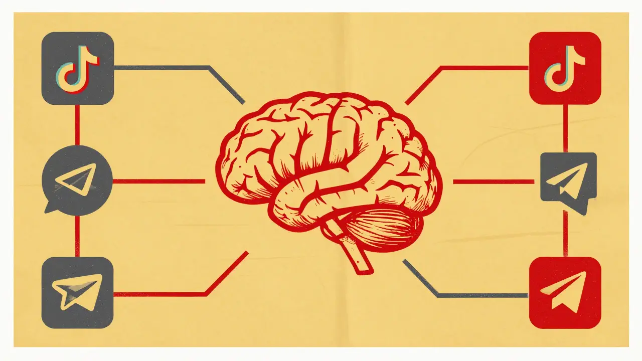 Conceptual illustration of a central AI brain linked to social media symbols via graphic lines.