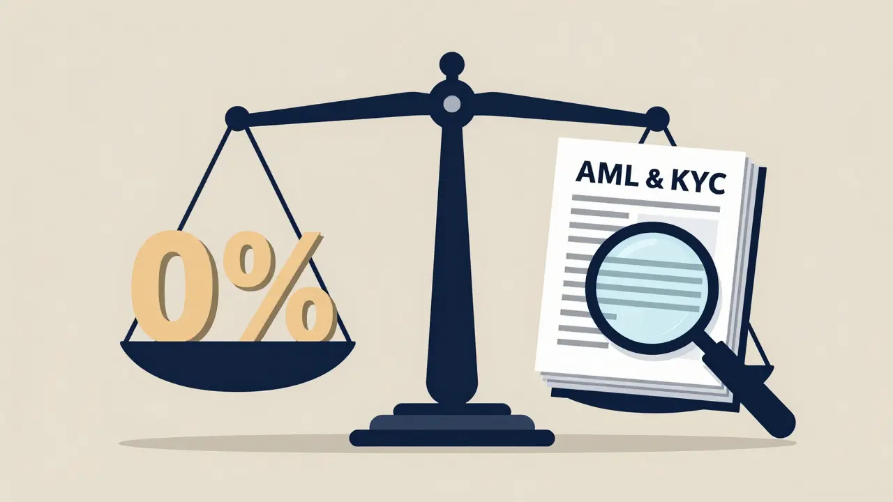 Conceptual scale balancing a 0% tax symbol with a stack of regulatory documents