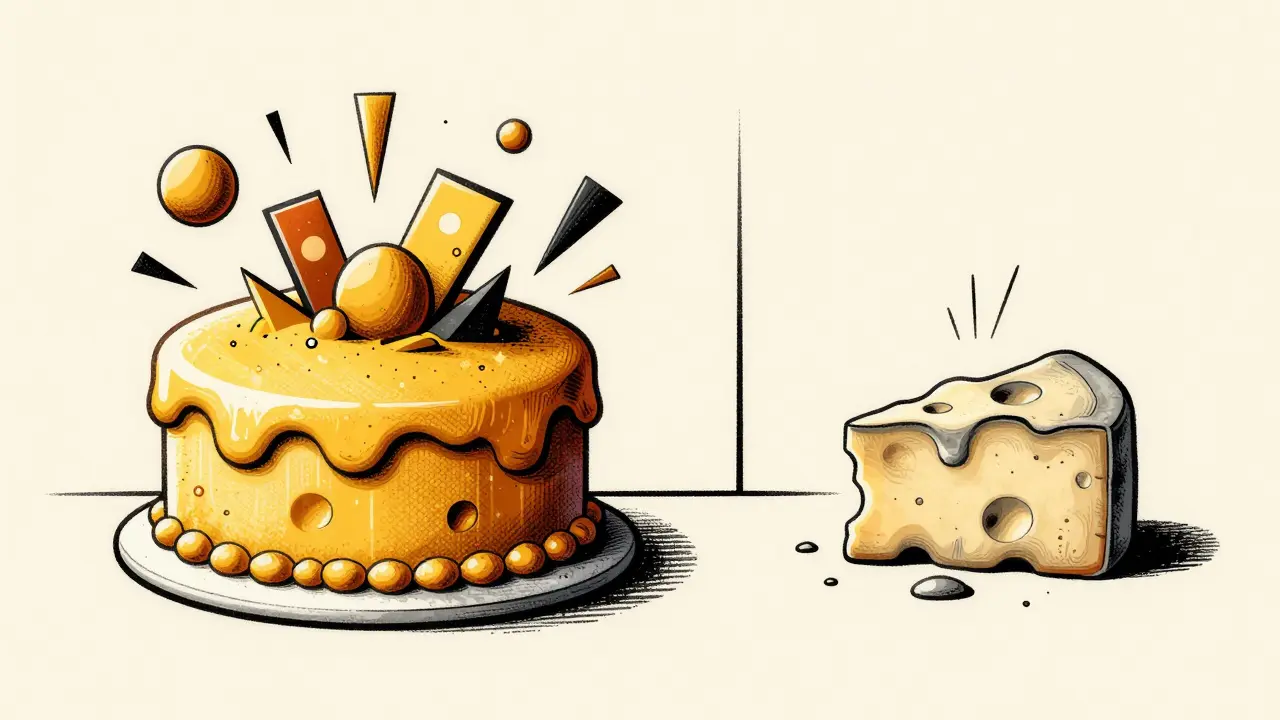 Contrast between a vibrant golden cake and a shriveled piece of grey cheese