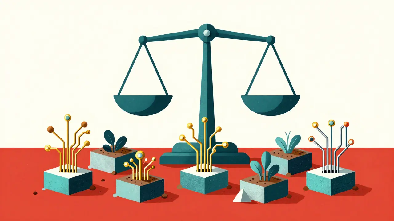 Geometric circuitry plants growing from blocks, symbolizing automated DeFi farming in a minimalist style.