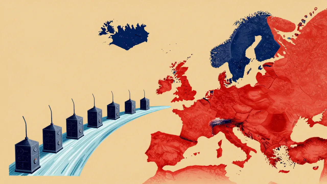 Geometric mining rigs migrating from Norway toward other Nordic countries in a poster style.