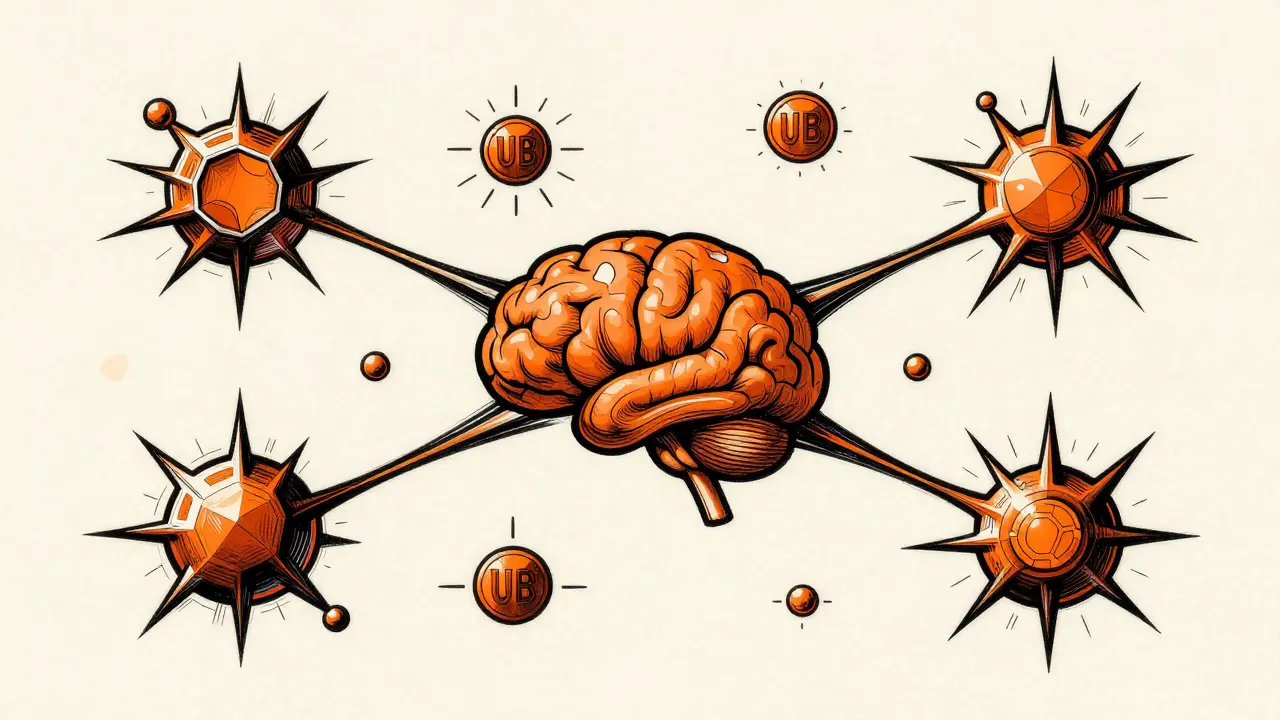 Graphic art showing a decentralized network of nodes and geometric coins on a textured background.