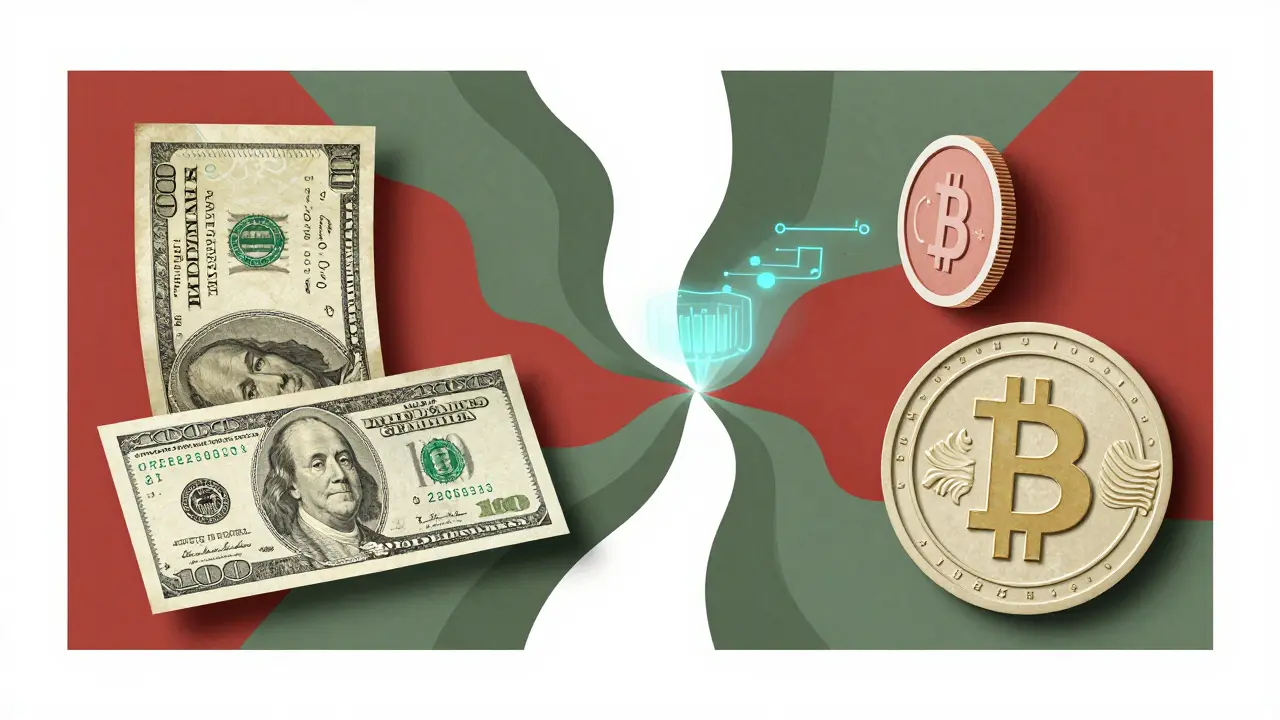 Graphic composition of a banknote, a digital coin, and a government seal merging together.