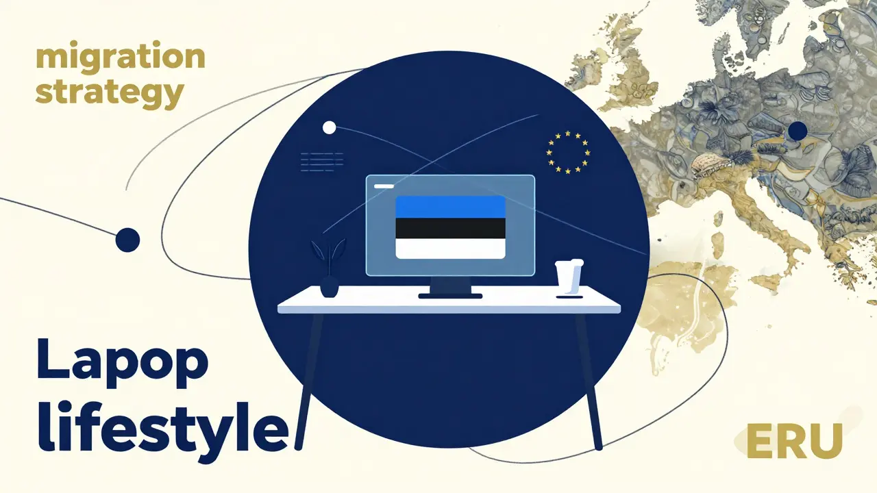 Minimalist illustration of a digital workspace representing remote business and global migration.