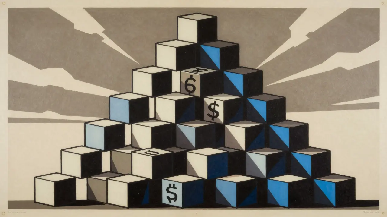 Pyramid of floating cubes symbolizing fixed token supply.