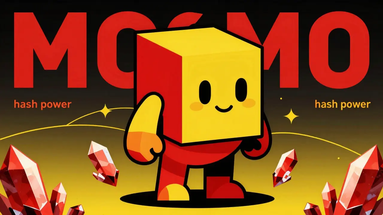 Stylized cubic MOMO character surrounded by crystals and energy lines in a geometric art style.