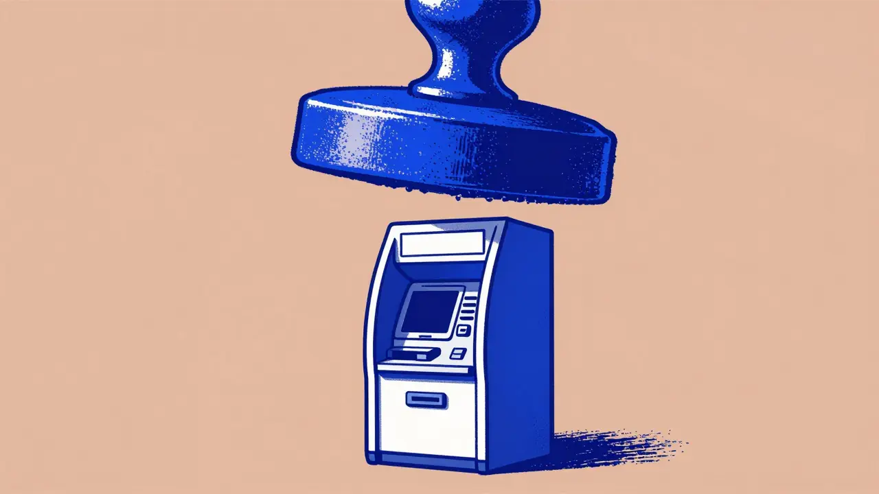 Stylized graphic of a crypto ATM being stamped by a large official government seal