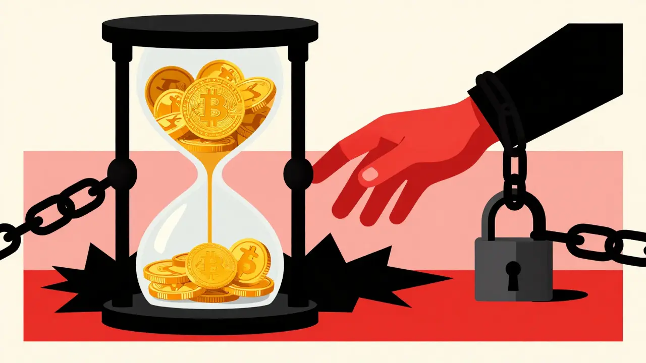 Stylized hourglass with gold coins trapped by a heavy iron chain and padlock.