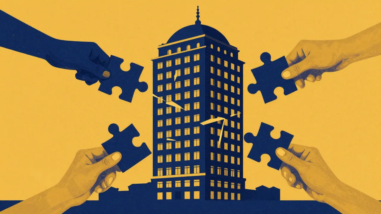 Stylized illustration of a building sliced into geometric fragments representing fractional ownership.