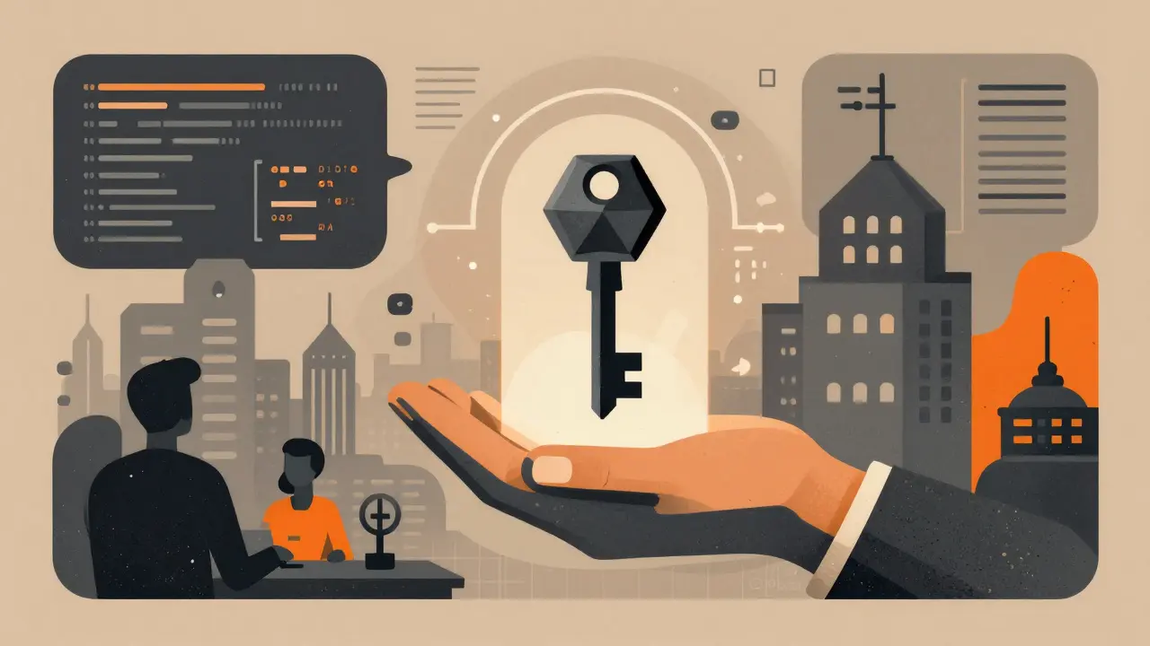 Stylized illustration of a digital NFT key unlocking a portal of rewards.