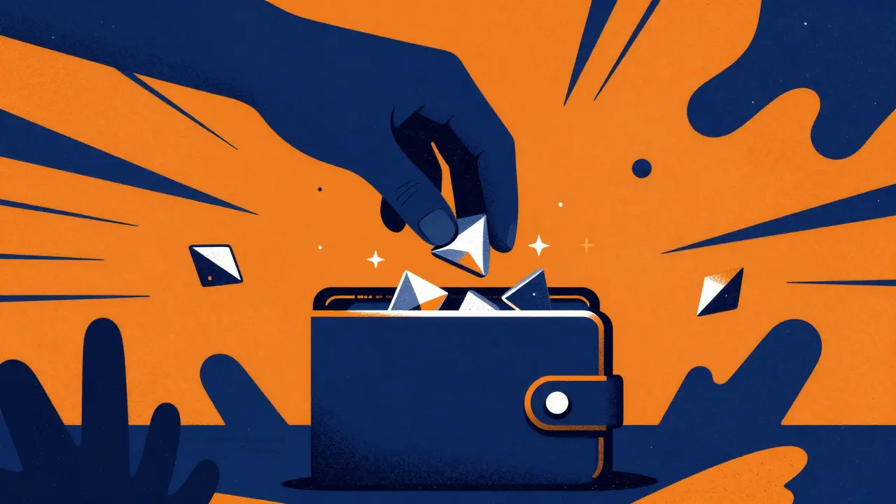 Stylized illustration of digital tokens being dropped into a crypto wallet in Polish Poster style.