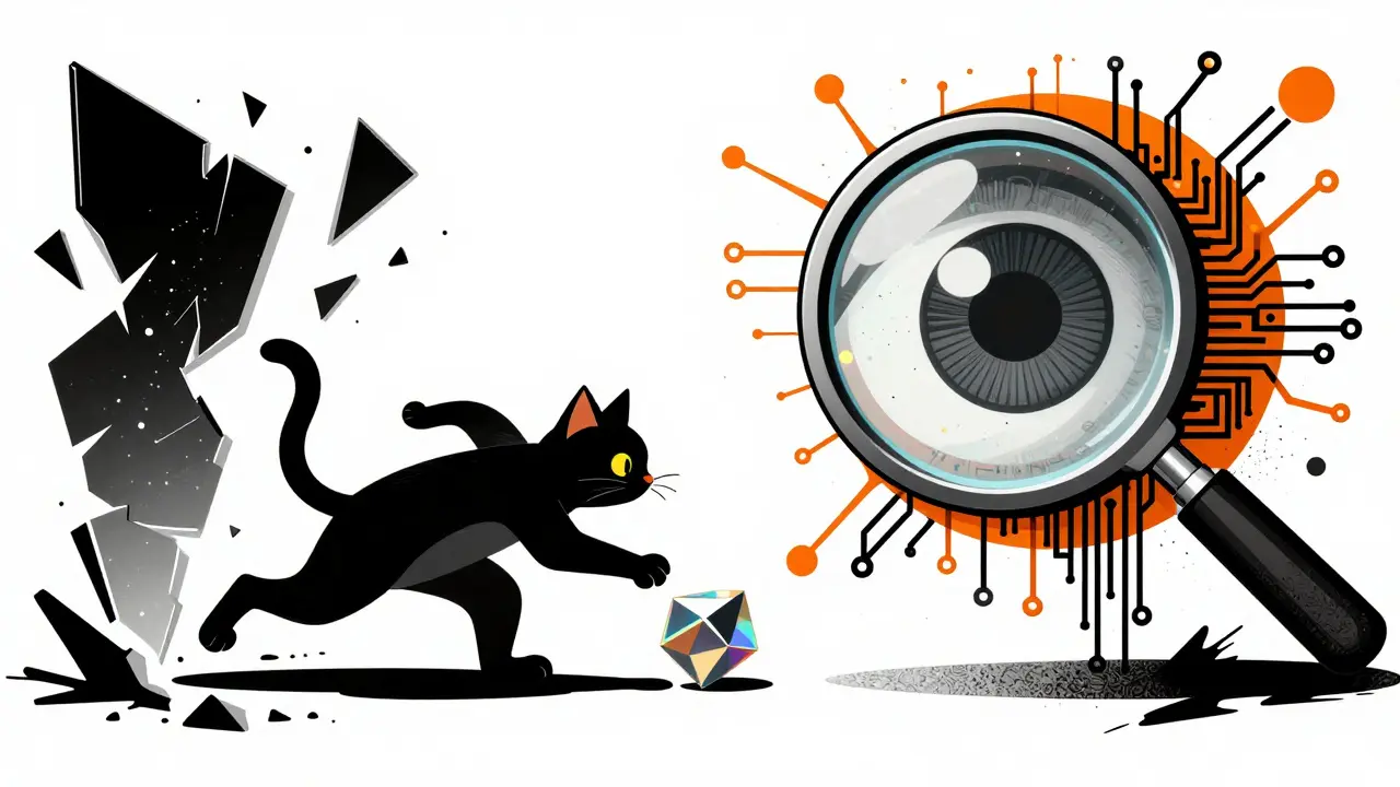 Stylized image of a giant abstract eye chasing a small geometric digital asset.