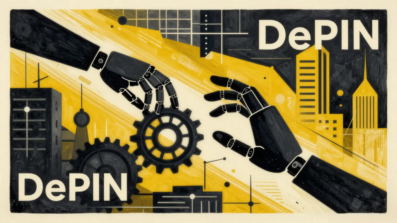 Stylized image of a robotic hand interacting with a mechanical gear in a surrealist city setting.