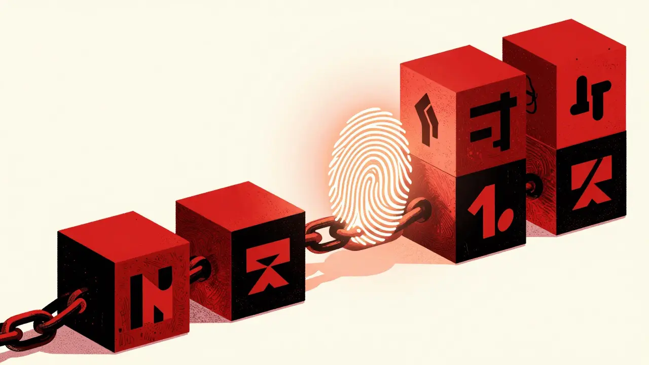Stylized sequence of linked cubes representing a blockchain with a digital fingerprint as a connector.