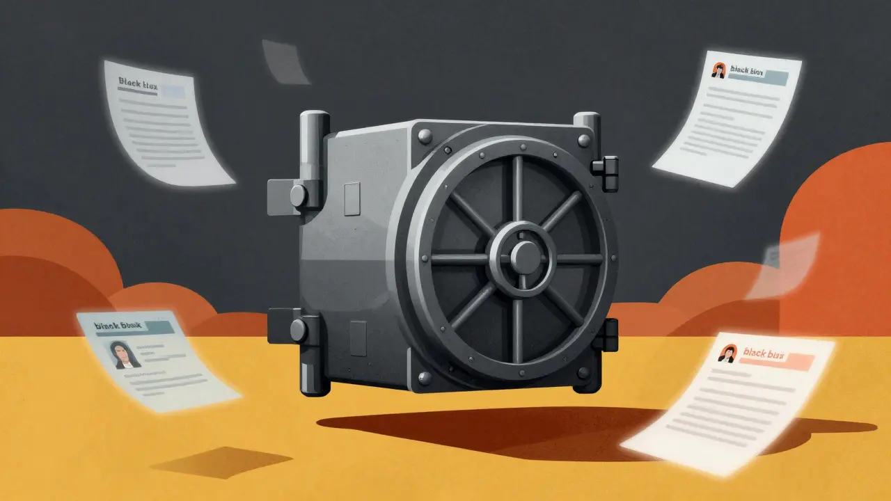 Surreal graphic of a featureless iron vault with floating identity documents in a void.