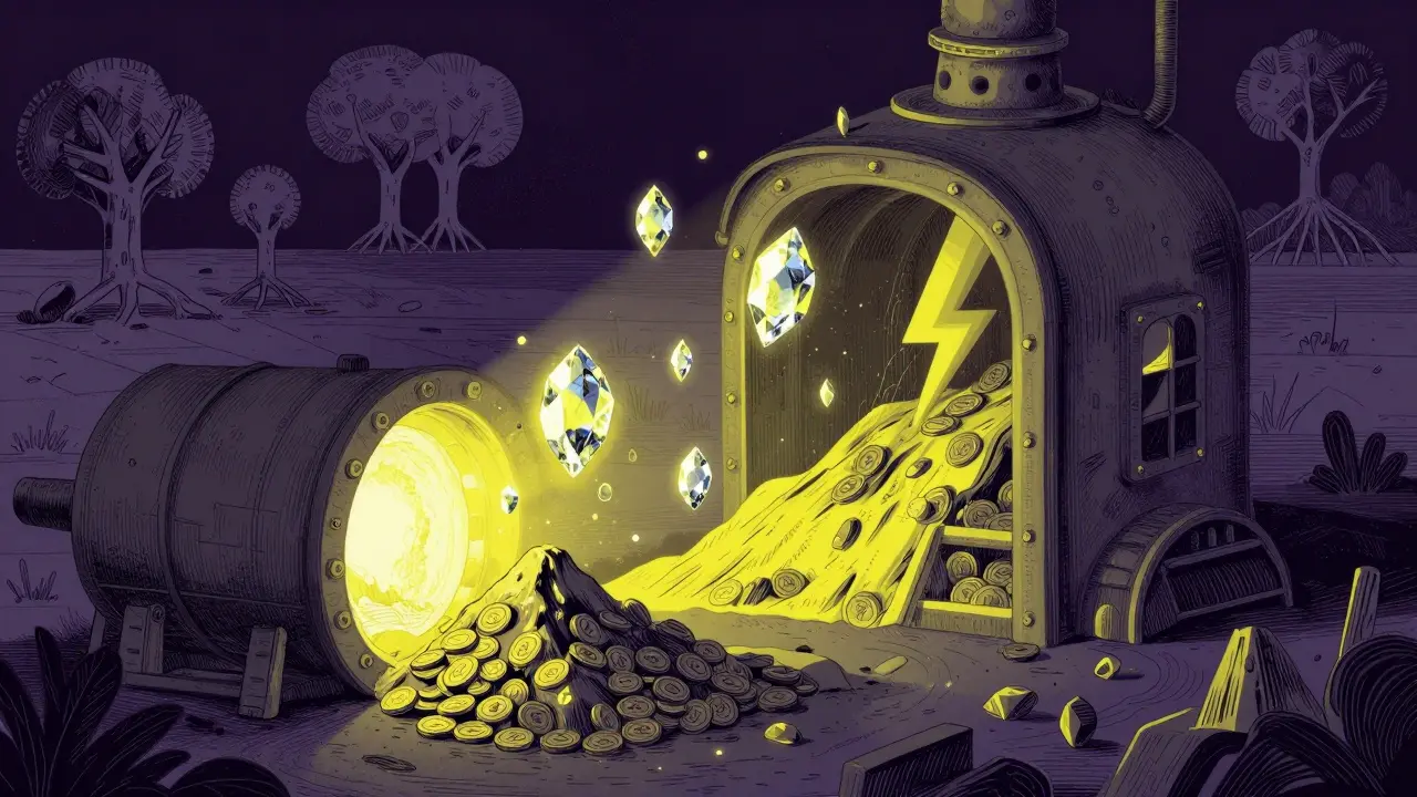 Surreal illustration of tokens being burned to create scarcity and value