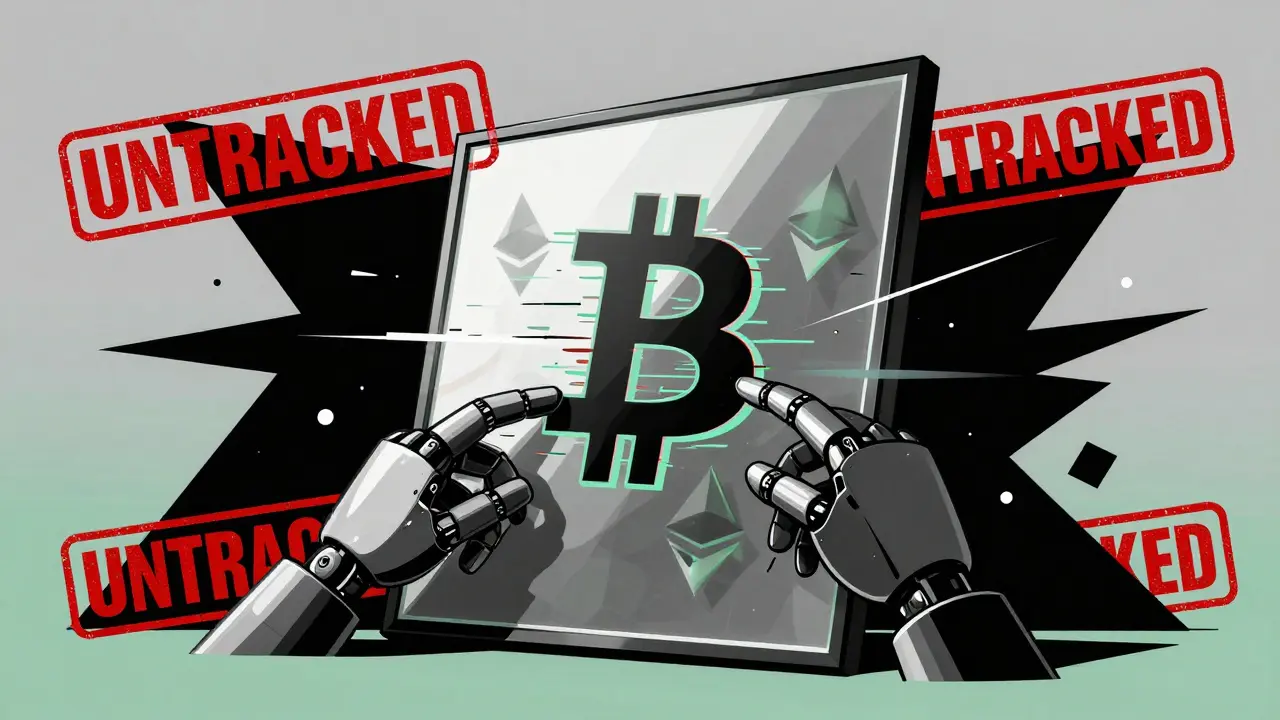 Abstract art showing robotic hands manipulating fake crypto volume in a mirror.