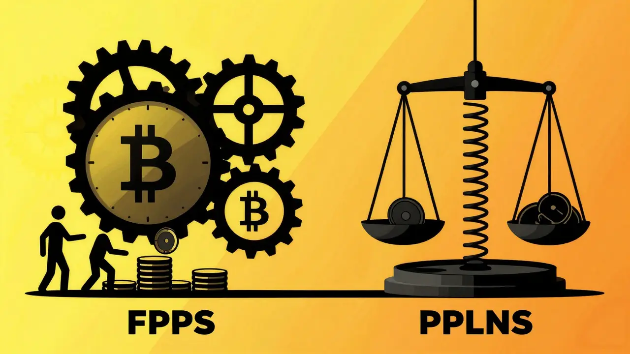 Abstract gears and scales comparing predictable FPPS payouts versus risky PPLNS mining models.